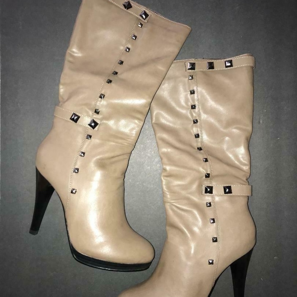 Khaki Studded Below Knee High Heel Boots Size 8.5